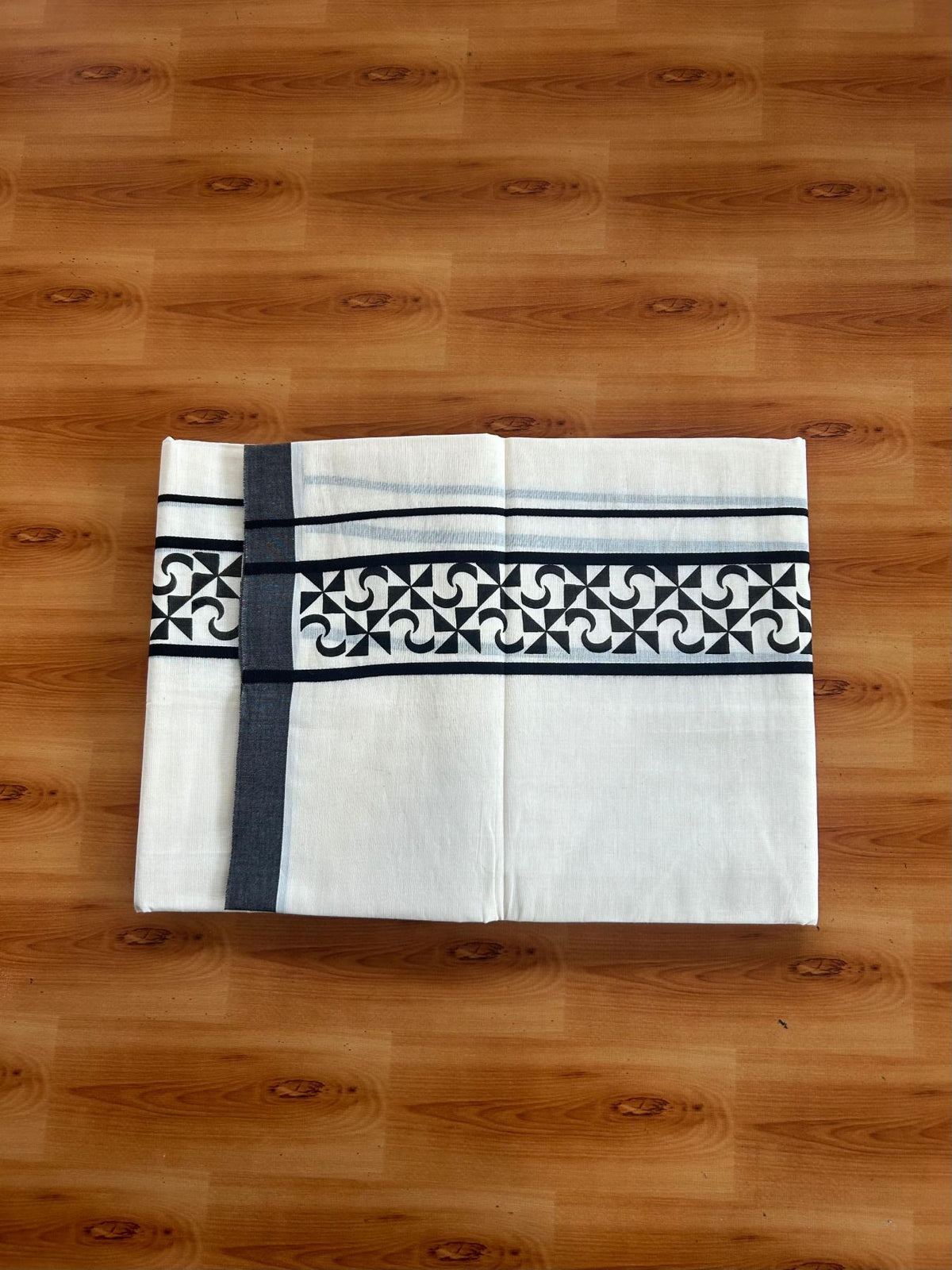 Double Off White (Unbleached) Mundu/Dhoti - 20% Discount! KaithariKada Pulimood 100% Cotton 80x72 - 2.5 inch Black Printed Design Kara - 4 mtr (8.5 muzham) - 46 KK5553 STH