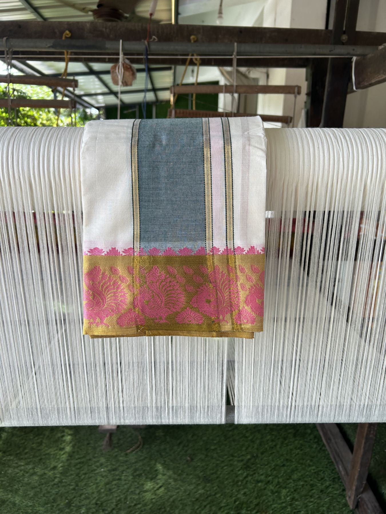 Panchakacham Dhoti - 20% Discount! Kaitharikada Balaramapuram Cotton Mix - Off White - (Unbleached) 80X90 thread - North Iindian - Attached Gamcha - 9x5 Dhoti - 3.75 inch Gold kasav Dark Green & Pink kara - 10 KK8305 PMC