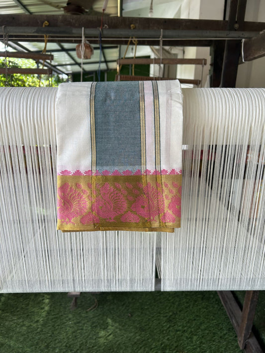 Panchakacham Dhoti - 20% Discount! Kaitharikada Balaramapuram Cotton Mix - Off White - (Unbleached) 80X90 thread - North Iindian - Attached Gamcha - 9x5 Dhoti - 3.75 inch Gold kasav Dark Green & Pink kara - 10 KK8305 PMC