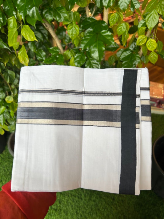 20% Discount ! Kaitharikada Balaramapuram 100% Cotton PURE WHITE Double RAINBOW Mundu/Dothi - 100x80 - 1.75 inch Silver Kasav Black Stripes Kara 4 mtr (8.5 muzham) - 101KK5220 THI