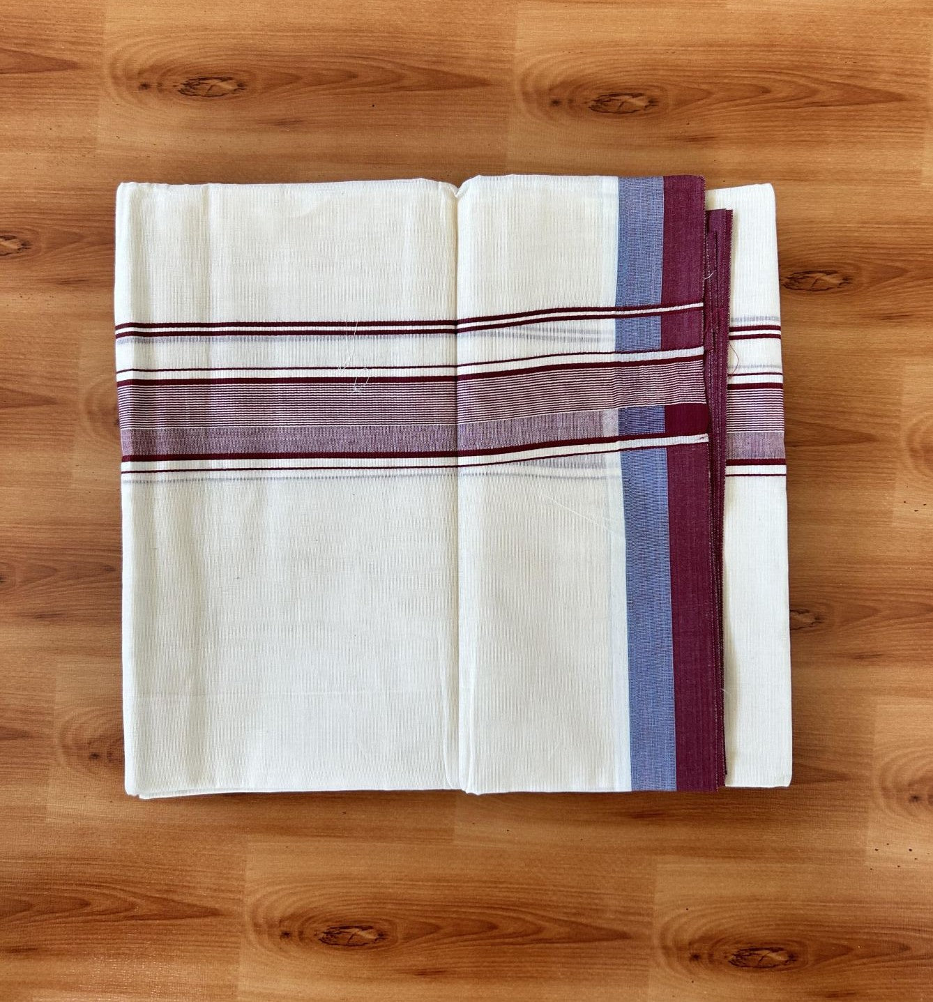 Double Off white - (Unbleached) - Mundu/Dhoti- 20% Discount! KaithariKada 100% Cotton - 100x80 - 1.75 inch Blue & Maroon Stripes Kara 4 mtr (8.5 muzham) - 26 KK5440 VIN