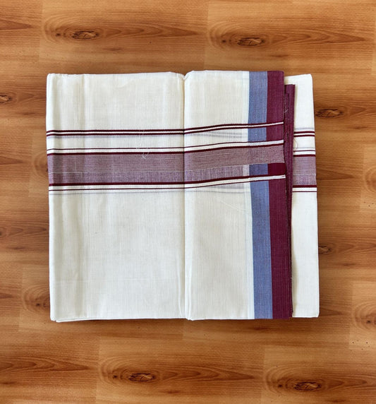 Double Off white - (Unbleached) - Mundu/Dhoti- 20% Discount! KaithariKada 100% Cotton - 100x80 - 1.75 inch Blue & Maroon Stripes Kara 4 mtr (8.5 muzham) - 26 KK5440 VIN