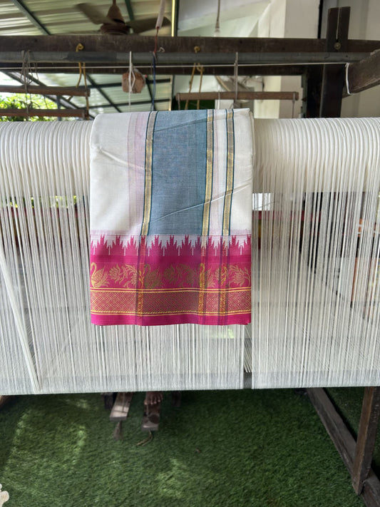 Panchakacham Dhoti - 20% Discount! Kaitharikada Balaramapuram Cotton Mix - Off White - (Unbleached) 80X90 thread - North Iindian - Attached Gamcha - 9x5 Dhoti - 3.75 inch Gold kasav Peacock Green & Rani Pink kara - 8 KK8305 PMC