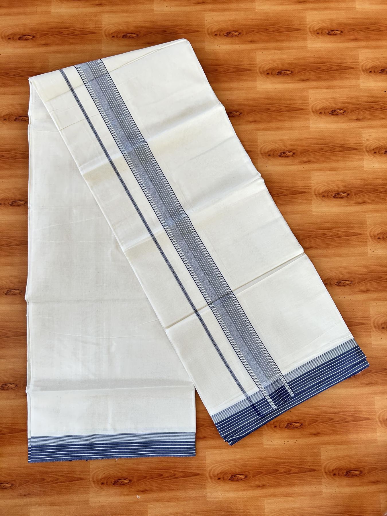 Double Off white - (Unbleached) - Mundu/Dhoti- 20% Discount! KaithariKada 100% Cotton - 100x80 - 1.75 inch Navy Blue Shaded Stripes Kara 4 mtr (8.5 muzham) - 23 KK5440 VIN