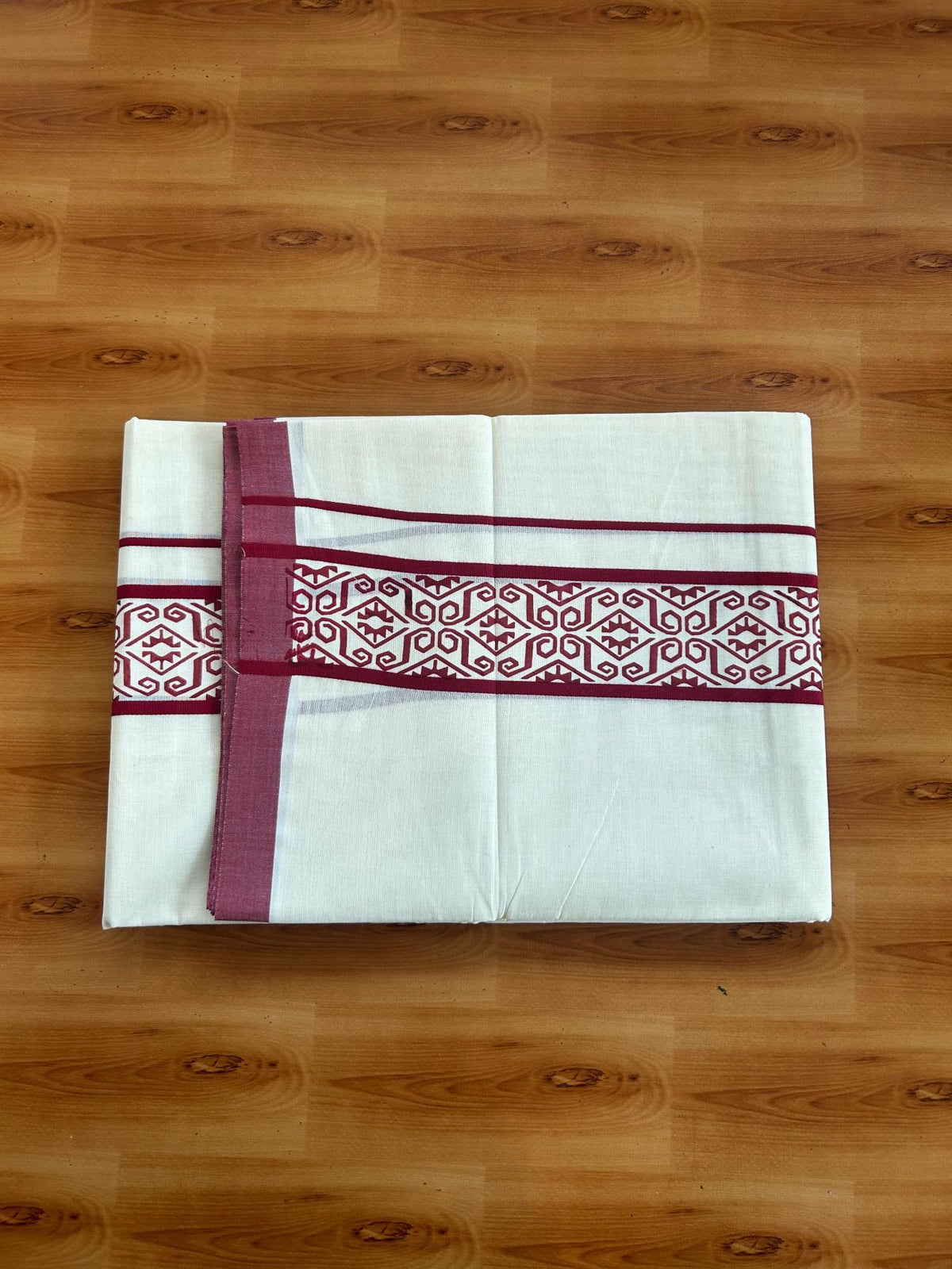 Double Off White (Unbleached) Mundu/Dhoti - 20% Discount! KaithariKada Pulimood 100% Cotton 80x72 - 2.5 inch Maroon Printed Design Kara - 4 mtr (8.5 muzham) - 44 KK5553 STH
