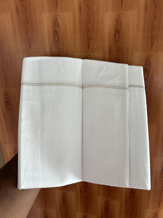Single Mundu/Dhoti  - Pure white - 29% Discount !! KaithariKada Balaramapuram 100% Cotton - Twisted 60s Thread- 0.25 Inch Silver shaded Striped Kara (2 meter / 4 muzham) - 28 KK5393 GL