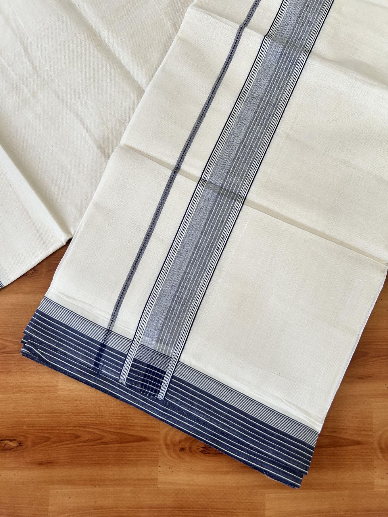Double Off white - (Unbleached) - Mundu/Dhoti- 20% Discount! KaithariKada 100% Cotton - 100x80 - 1.75 inch Navy Blue Shaded Stripes Kara 4 mtr (8.5 muzham) - 23 KK5440 VIN