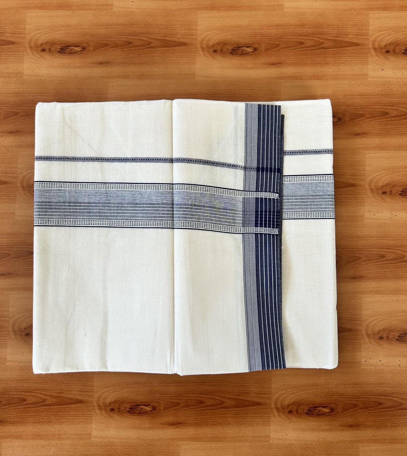 Double Off white - (Unbleached) - Mundu/Dhoti- 20% Discount! KaithariKada 100% Cotton - 100x80 - 1.75 inch Navy Blue Shaded Stripes Kara 4 mtr (8.5 muzham) - 23 KK5440 VIN