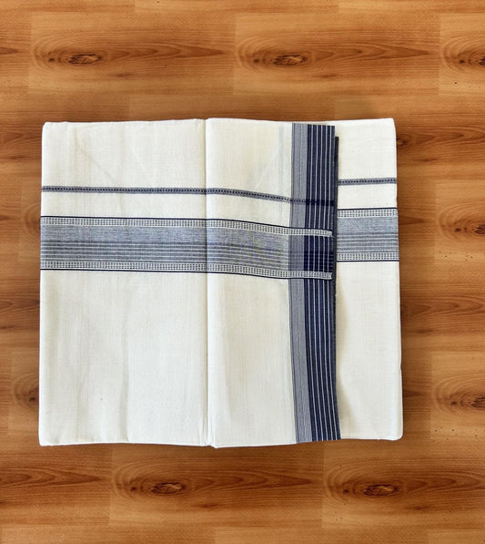 Double Off white - (Unbleached) - Mundu/Dhoti- 20% Discount! KaithariKada 100% Cotton - 100x80 - 1.75 inch Navy Blue Shaded Stripes Kara 4 mtr (8.5 muzham) - 23 KK5440 VIN