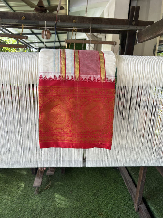 Panchakacham Dhoti - 20% Discount! Kaitharikada Balaramapuram Cotton Mix - Off White - (Unbleached) 80X90 thread - North Iindian- Attached Gamcha - 9x5 Dhoti - 4 inch Maroon Gold kasav & Green , Maroon Striped kara - 5 KK8305 PMC