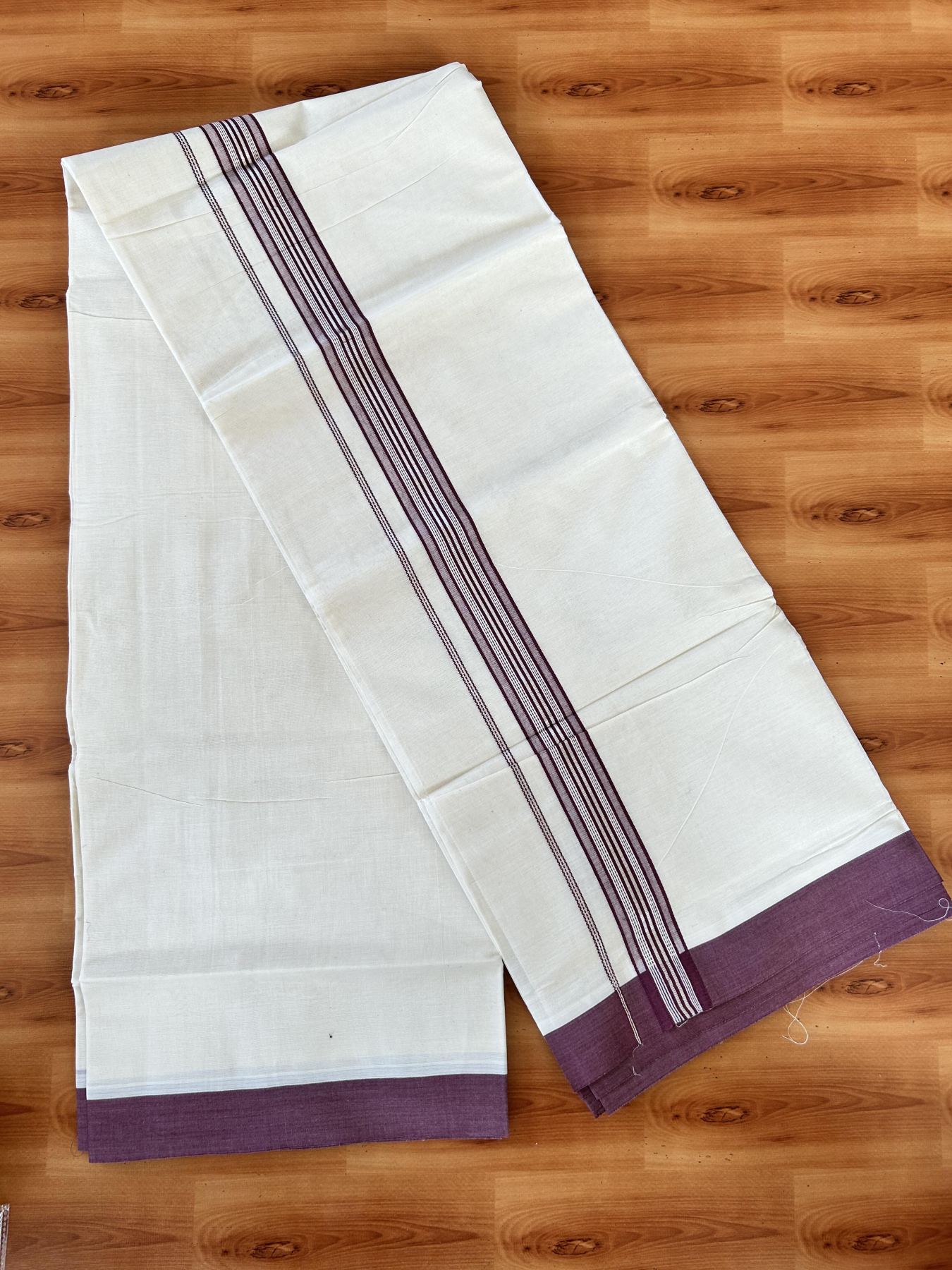 Double Off white - (Unbleached) - Mundu/Dhoti- 20% Discount! KaithariKada 100% Cotton - 100x80 - 1.25 inch Silver Kasav & Dark Maroon Shades Stripes Kara 4 mtr (8.5 muzham) - 13 KK5440 VIN