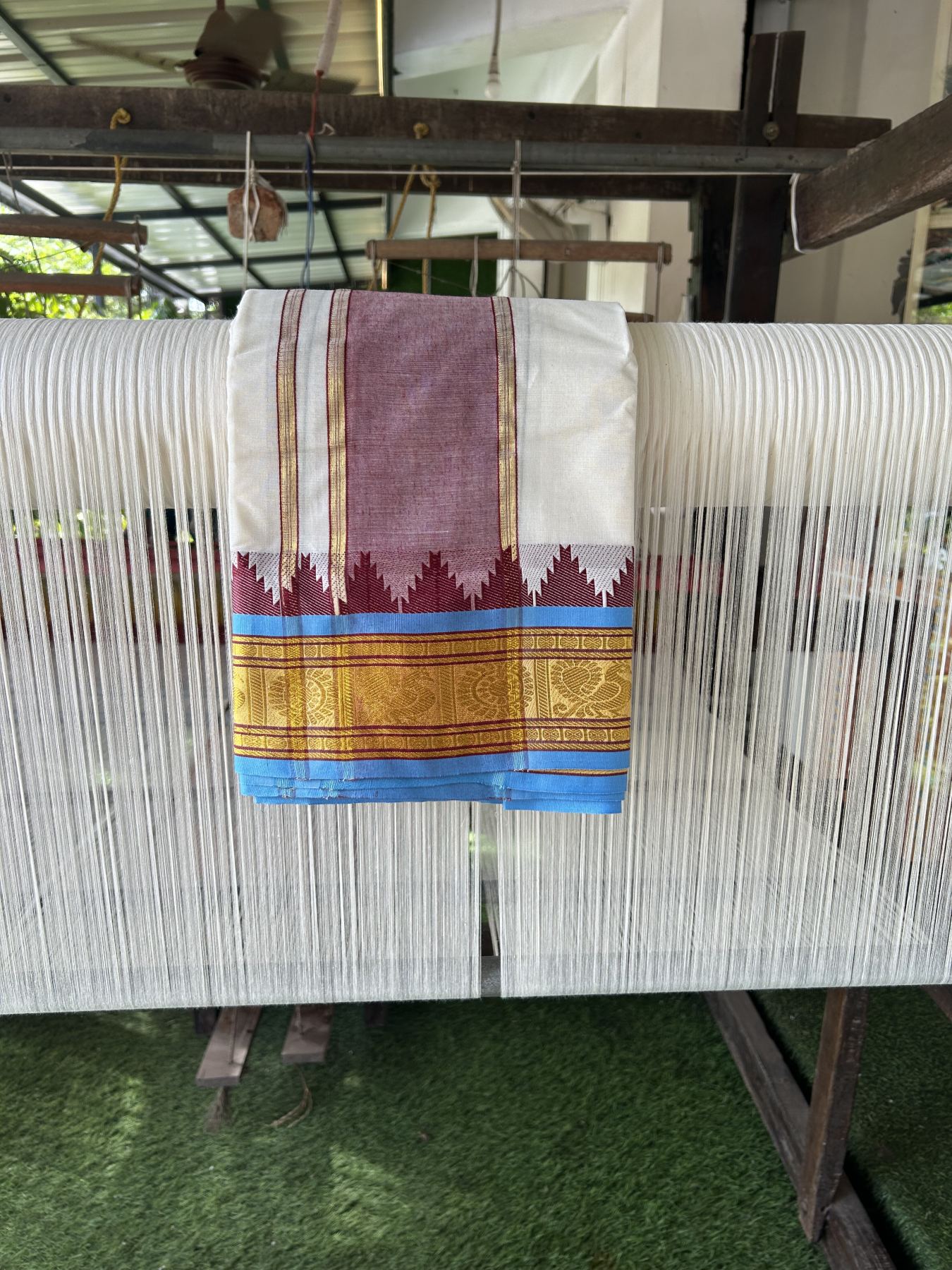 Panchakacham Dhoti - 20% Discount! KaithariKada Mixed Cotton Off White - (Unbleached) 80X90 thread - North Indian - Attached Gamcha 9x5 Dhoti - 4 inch Maroon Gold Kasav Kara  - 4 KK8305 PMC