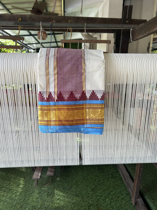 Panchakacham Dhoti - 20% Discount! KaithariKada Mixed Cotton Off White - (Unbleached) 80X90 thread - North Indian - Attached Gamcha 9x5 Dhoti - 4 inch Maroon Gold Kasav Kara  - 4 KK8305 PMC