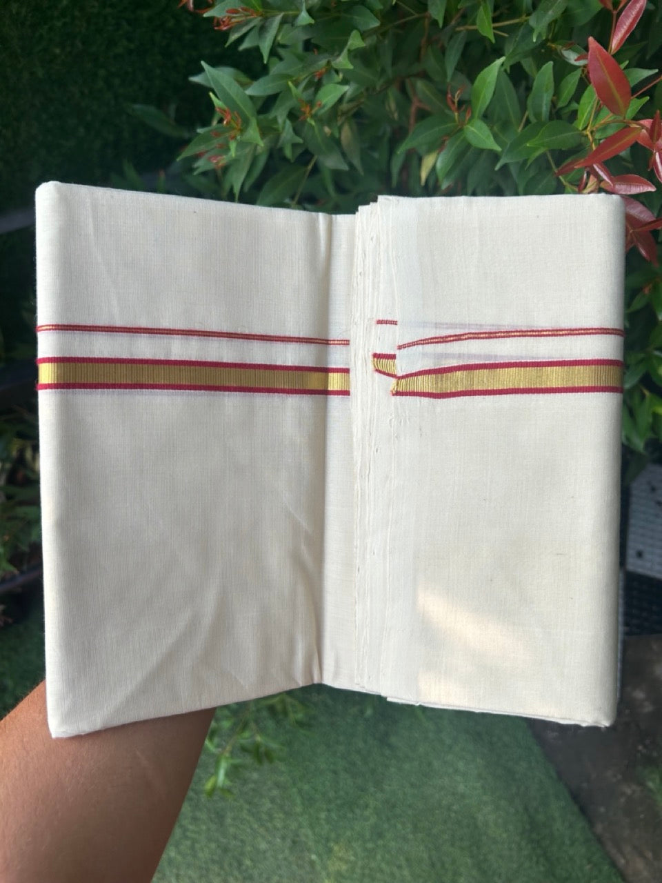 25% DISCOUNT! KaithariKada BALARAMAPURAM HANDLOOM UNAKKUPAAV - 100% PURE Cotton Off white (Unbleached) Double Mundu/Dhoti - 1.5 cm Gold Kasavu & Deep Red Kara (8 Muzham) - 2KK5161SOM