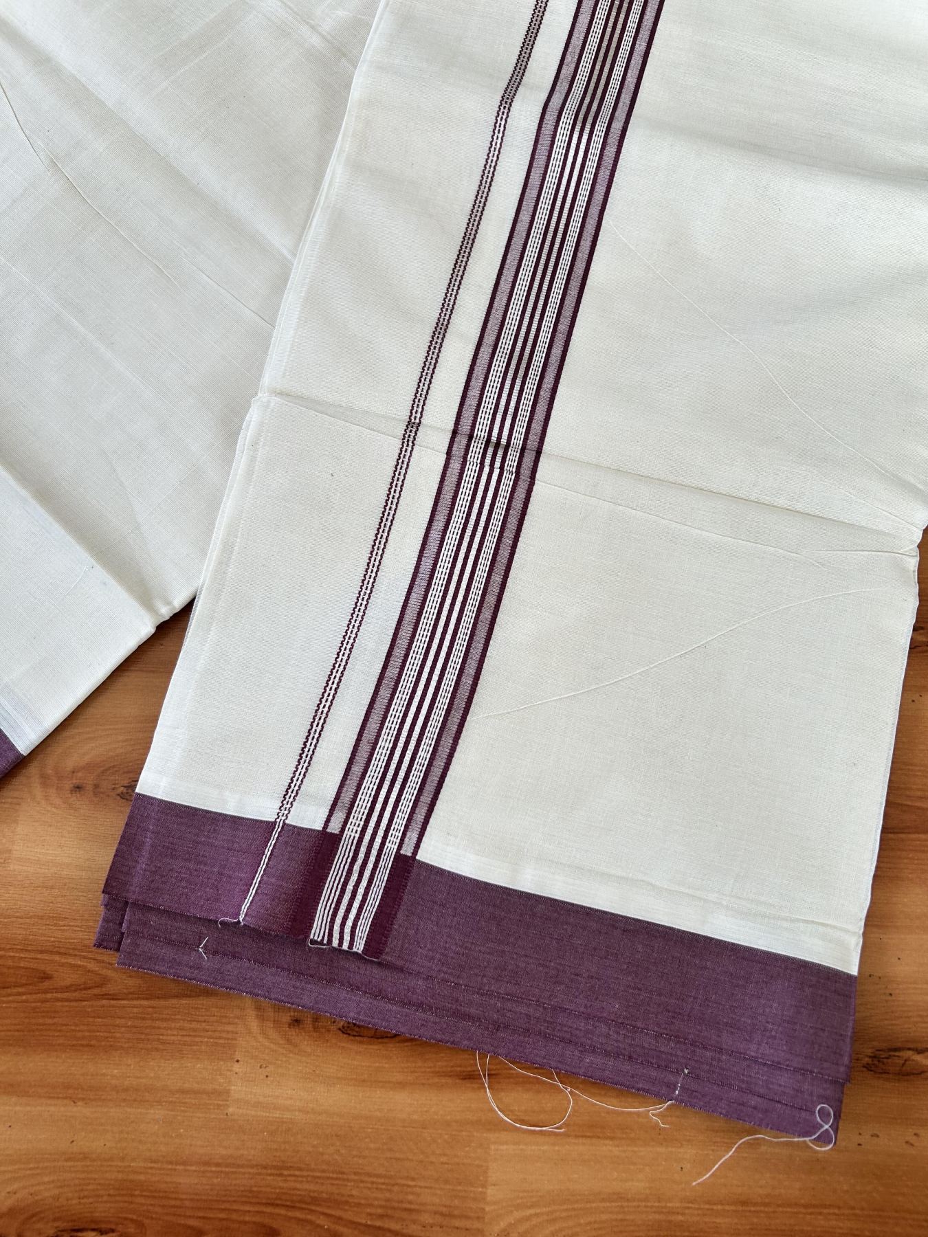 Double Off white - (Unbleached) - Mundu/Dhoti- 20% Discount! KaithariKada 100% Cotton - 100x80 - 1.25 inch Silver Kasav & Dark Maroon Shades Stripes Kara 4 mtr (8.5 muzham) - 13 KK5440 VIN