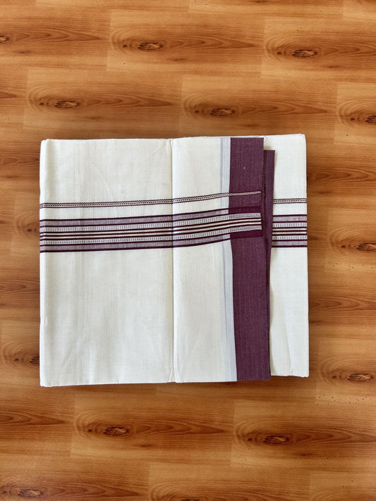 Double Off white - (Unbleached) - Mundu/Dhoti- 20% Discount! KaithariKada 100% Cotton - 100x80 - 1.25 inch Silver Kasav & Dark Maroon Shades Stripes Kara 4 mtr (8.5 muzham) - 13 KK5440 VIN