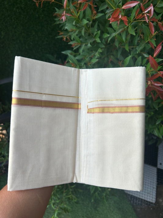 27% DISCOUNT! KaithariKada BALARAMAPURAM HANDLOOM UNAKKUPAAV - 100% PURE Cotton Off white (Unbleached) Double Mundu/Dhoti - 0.5 inch Gold Kasavu & Copper Kasavu Striped Kara (8 Muzham) - 3KK5161SOM