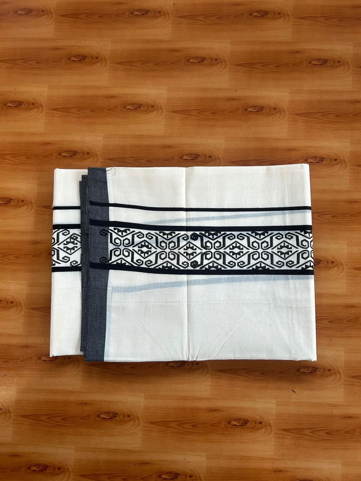 Double Off White (Unbleached) Mundu/Dhoti - 20% Discount! KaithariKada Pulimood 100% Cotton 80x72 - 2.5 inch Black Printed Design Kara - 4 mtr (8.5 muzham) - 45 KK5553 STH