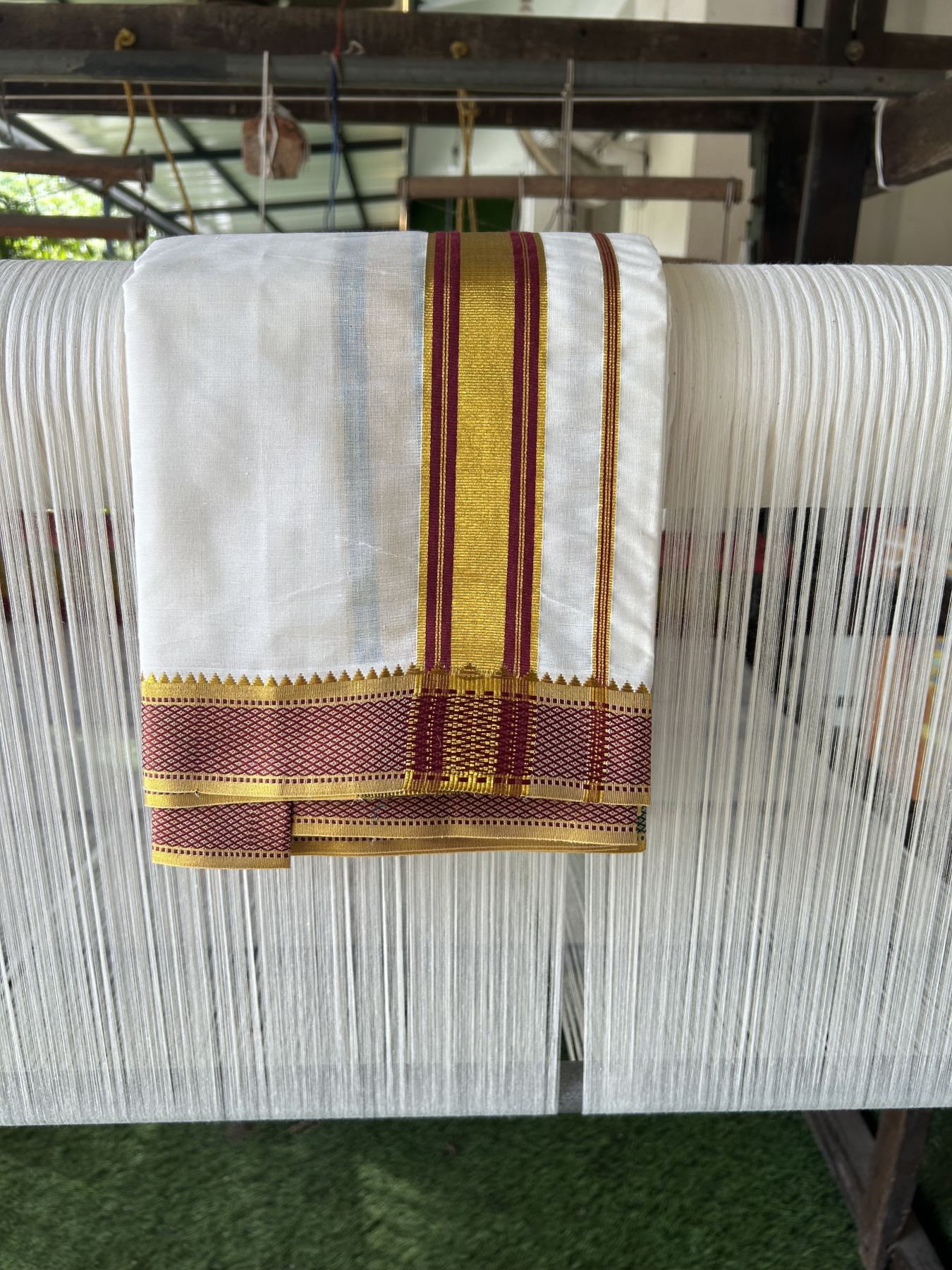 Panchakacham Dhoti - 20% Discount! KaithariKada Mixed Cotton Off White - (Unbleached) 80X90 thread - North Indian - Attached Gamcha - 9x5 Dhoti - 2 inch Maroon Gold Kasav Kara With Green ,Maroon & Gold Kasav Design border - 3 KK8305 PMC