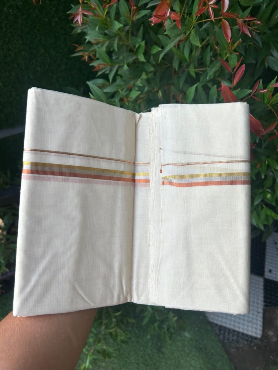 27% DISCOUNT! KaithariKada BALARAMAPURAM HANDLOOM UNAKKUPAAV - 100% PURE Cotton Off white (Unbleached) Double Mundu/Dhoti - 0.5 inch Gold Silver & Copper Kasavu Striped Kara (8 Muzham) - 4KK5161SOM
