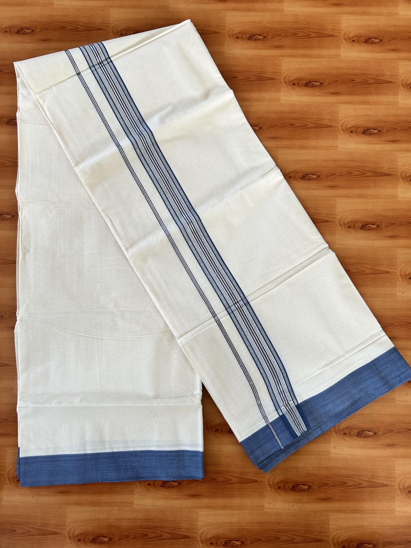 Double Off white - (Unbleached) - Mundu/Dhoti- 20% Discount! KaithariKada 100% Cotton - 100x80 - 1.25 inch Silver Kasav & Dark Grey Blue Shades Stripes Kara 4 mtr (8.5 muzham) - 12 KK5440 VIN