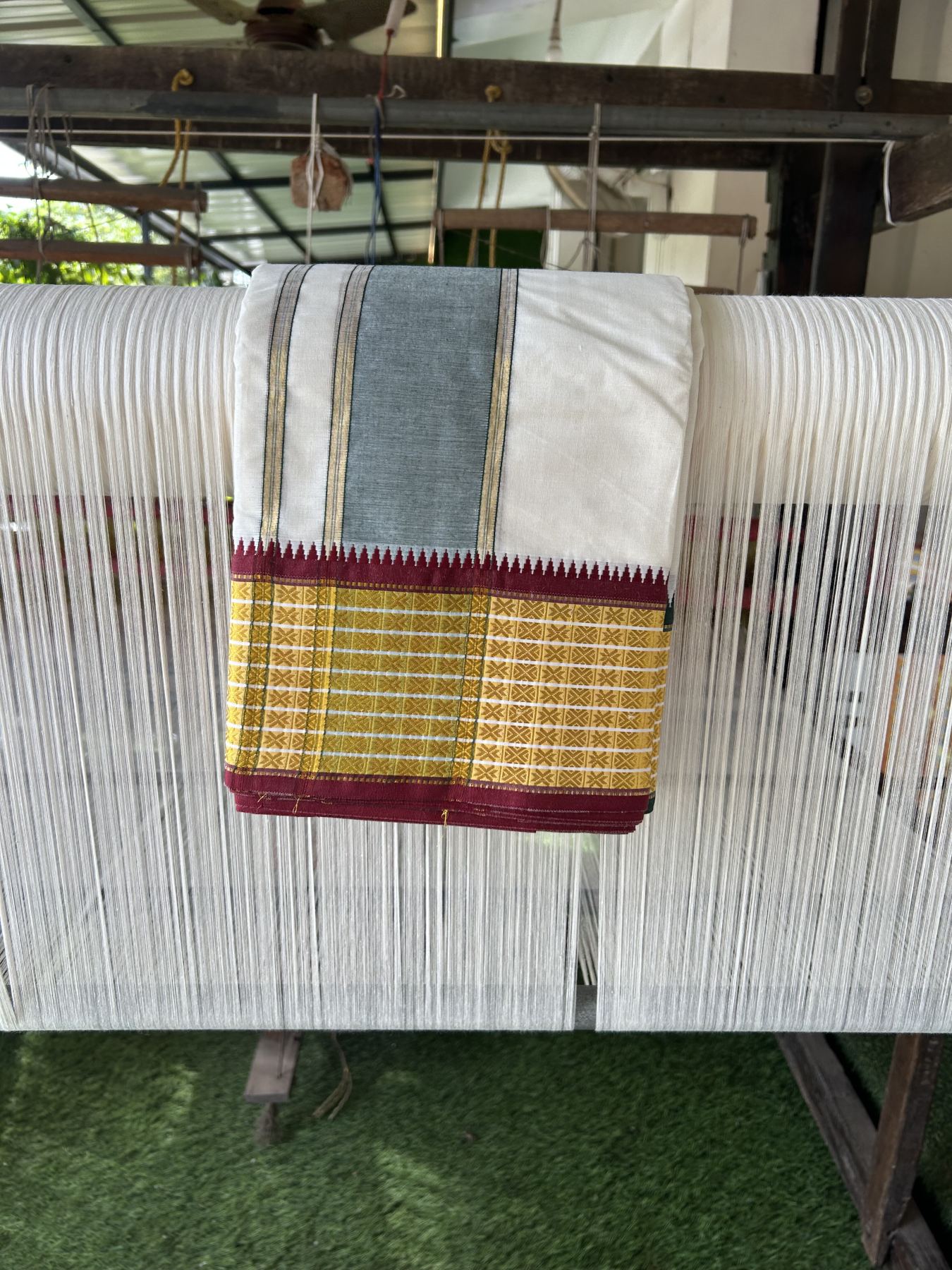 Panchakacham Dhoti - 20% Discount! KaithariKada Mixed Cotton Off White - (Unbleached) 80X90 thread - North Indian- Attached Gamcha - 9x5 Dhoti - 3.5 inch Green Gold Kasav Kara With Green ,Maroon & Gold Kasav Design border - 2 KK8305 PMC