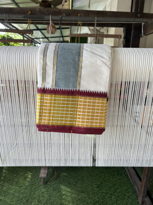 Panchakacham Dhoti - 20% Discount! KaithariKada Mixed Cotton Off White - (Unbleached) 80X90 thread - North Indian- Attached Gamcha - 9x5 Dhoti - 3.5 inch Green Gold Kasav Kara With Green ,Maroon & Gold Kasav Design border - 2 KK8305 PMC