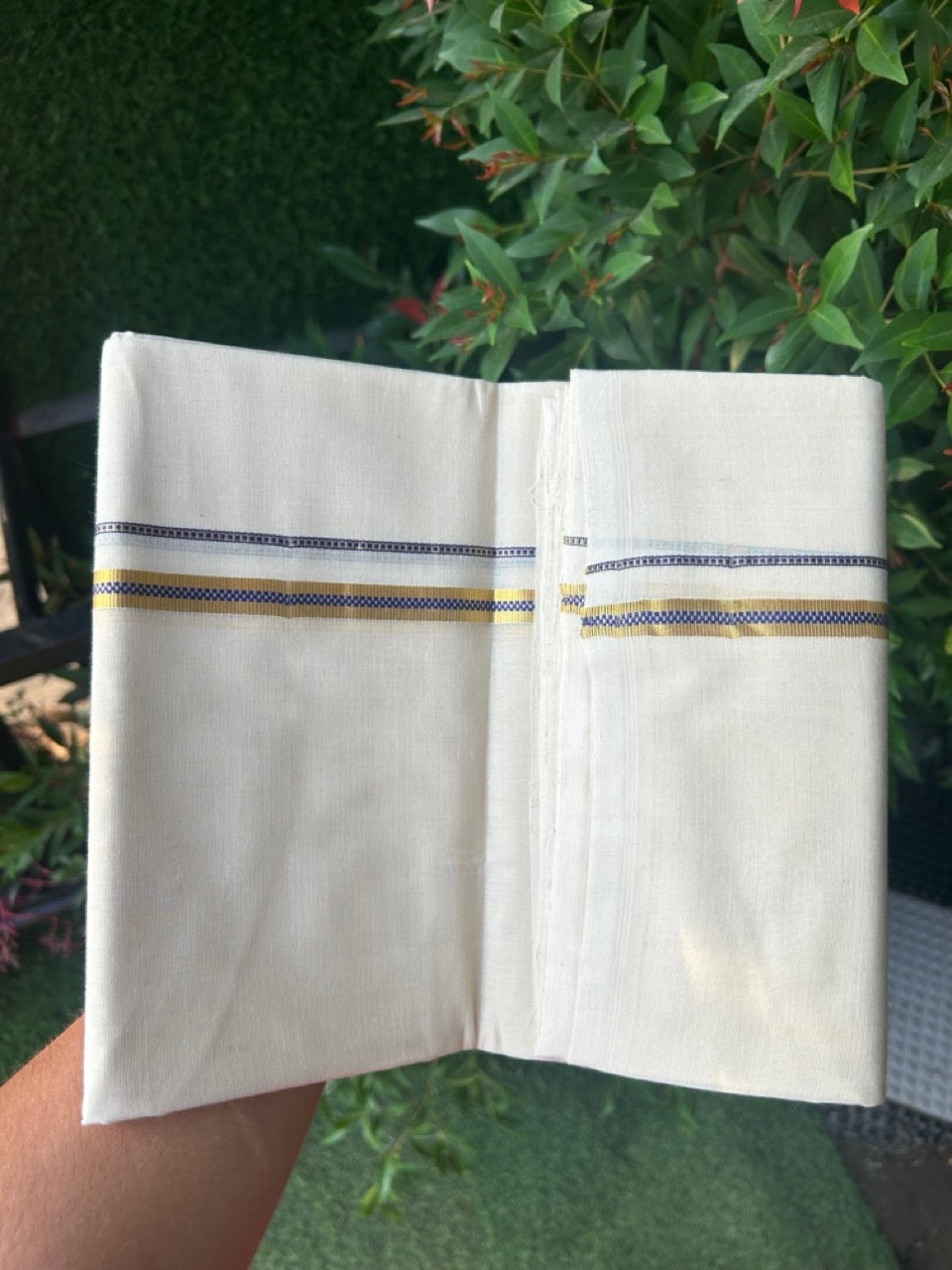 27% DISCOUNT! KaithariKada BALARAMAPURAM HANDLOOM UNAKKUPAAV - 100% PURE Cotton Off white (Unbleached) Double Mundu/Dhoti - 0.5 inch Gold Kasavu & Muthukkuri Navy Blue Kara (8 Muzham) - 5KK5161SOM