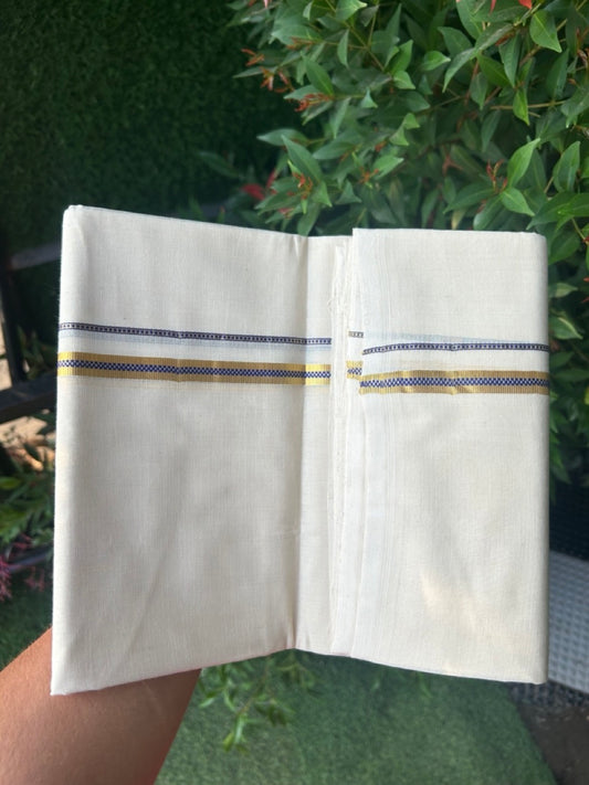 27% DISCOUNT! KaithariKada BALARAMAPURAM HANDLOOM UNAKKUPAAV - 100% PURE Cotton Off white (Unbleached) Double Mundu/Dhoti - 0.5 inch Gold Kasavu & Muthukkuri Navy Blue Kara (8 Muzham) - 5KK5161SOM