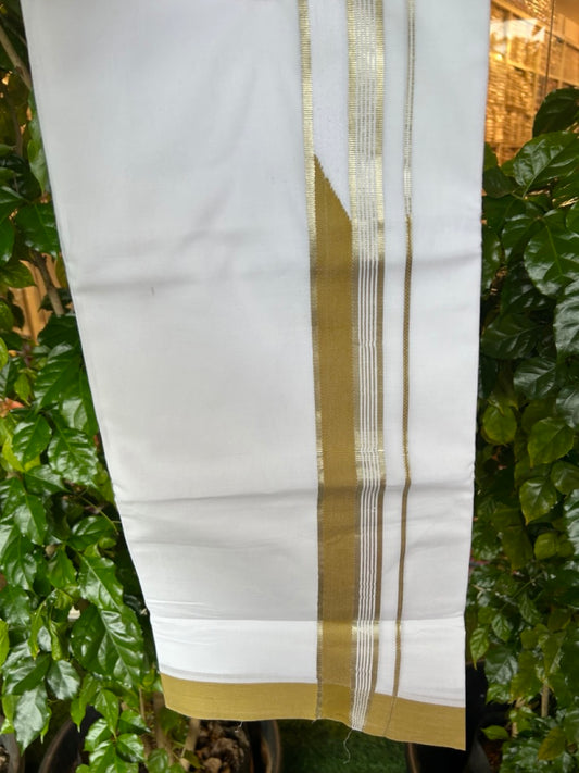 20% Discount ! Kaitharikada Balaramapuram 100% Cotton PURE WHITE Double Mundu/Dothi - 100x80 - 1.75 inch Puliyilakkara Silver Kasav & Mustard Green Heavy Chutty Kara 4 mtr (8.5 muzham) - 103KK5220 THI