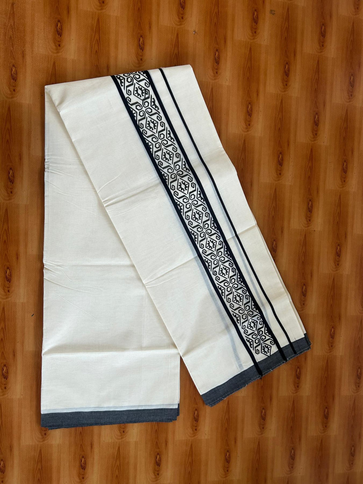 Double Off White (Unbleached) Mundu/Dhoti - 20% Discount! KaithariKada Pulimood 100% Cotton 80x72 - 2.5 inch Black Printed Design Kara - 4 mtr (8.5 muzham) - 45 KK5553 STH