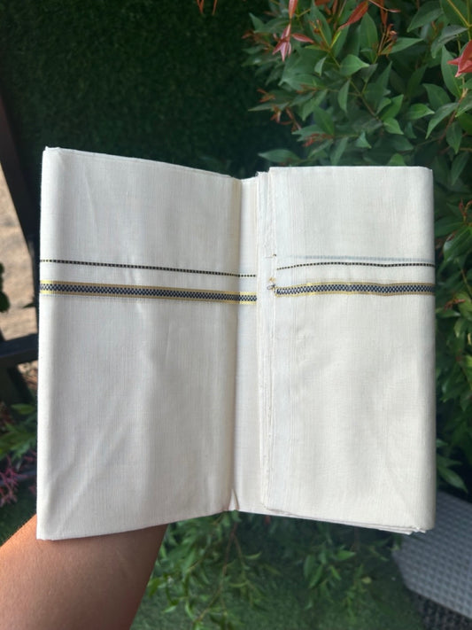 27% DISCOUNT! KaithariKada BALARAMAPURAM HANDLOOM UNAKKUPAAV - 100% PURE Cotton Off white (Unbleached) Double Mundu/Dhoti - 0.25 inch Gold Kasavu & Muthukkuri Deep Blue Kara (8 Muzham) - 6KK5161SOM