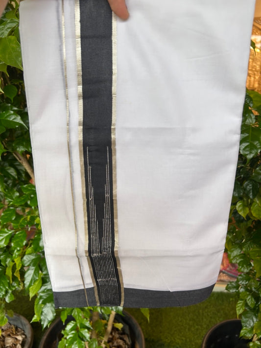 20% Discount ! Kaitharikada Balaramapuram 100% Cotton PURE WHITE Double RAINBOW Mundu/Dothi - 100x80 - 1.75 inch Puliyilakkara Silver Kasav Black Stripes Chutty Kara 4 mtr (8.5 muzham) - 102KK5220 THI