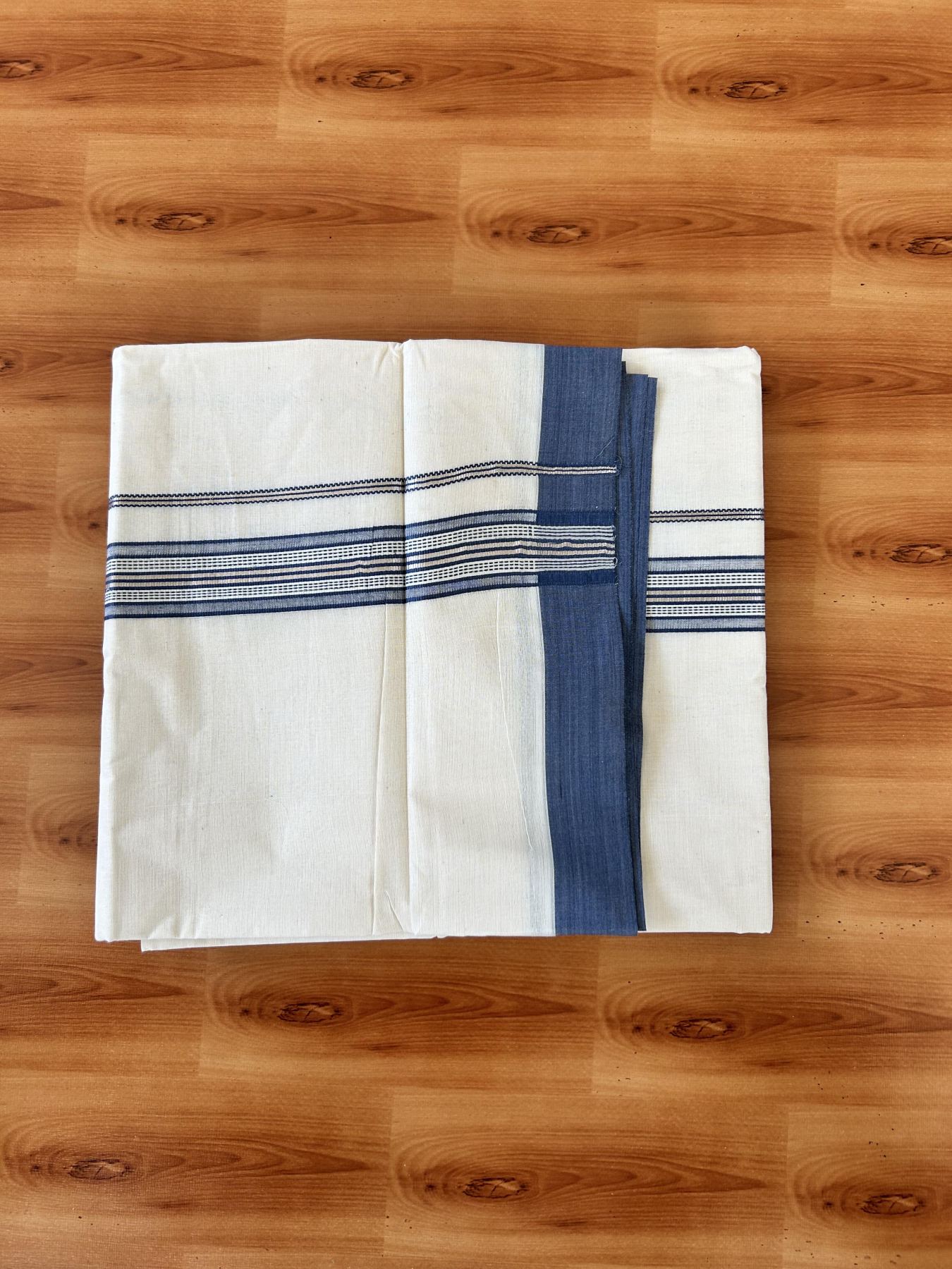 Double Off white - (Unbleached) - Mundu/Dhoti- 20% Discount! KaithariKada 100% Cotton - 100x80 - 1.25 inch Silver Kasav & Dark Grey Blue Shades Stripes Kara 4 mtr (8.5 muzham) - 12 KK5440 VIN