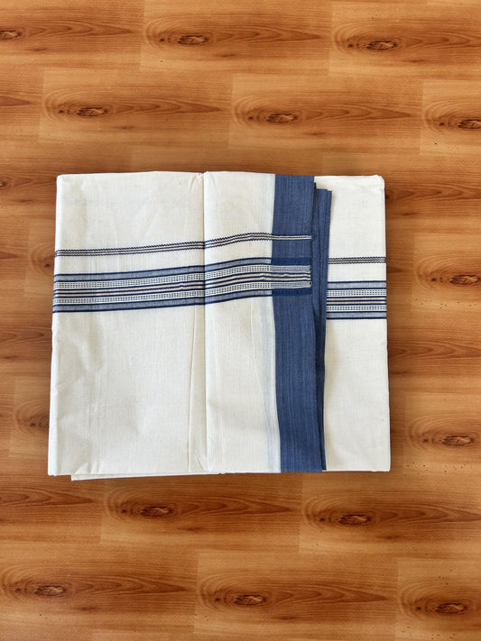 Double Off white - (Unbleached) - Mundu/Dhoti- 20% Discount! KaithariKada 100% Cotton - 100x80 - 1.25 inch Silver Kasav & Dark Grey Blue Shades Stripes Kara 4 mtr (8.5 muzham) - 12 KK5440 VIN
