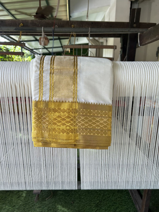 Panchakacham Dhoti - 20% Discount! KaithariKada Cotton Mix Off White - (Unbleached) 80X90 thread - North Indian- Attached Gamcha - 9x5 Dhoti - 4.5 inch Gold Kasav Design border - 1 KK8305 PMC