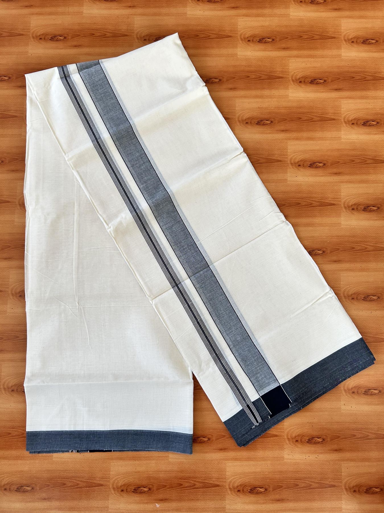 Double Off white - (Unbleached) - Mundu/Dhoti- 20% Discount! KaithariKada 100% Cotton - 100x80 - 1.25 inch Silver Kasav & Black Shades Stripes Kara 4 mtr (8.5 muzham) - 11 KK5440 VIN