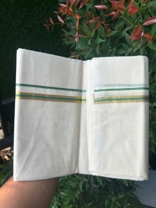 27% DISCOUNT! KaithariKada BALARAMAPURAM HANDLOOM UNAKKUPAAV - 100% PURE Cotton Off white (Unbleached) Double Mundu/Dhoti - 0.5 inch Gold Kasavu & Muthukkuri Green Kara (8 Muzham) - 7KK5161SOM