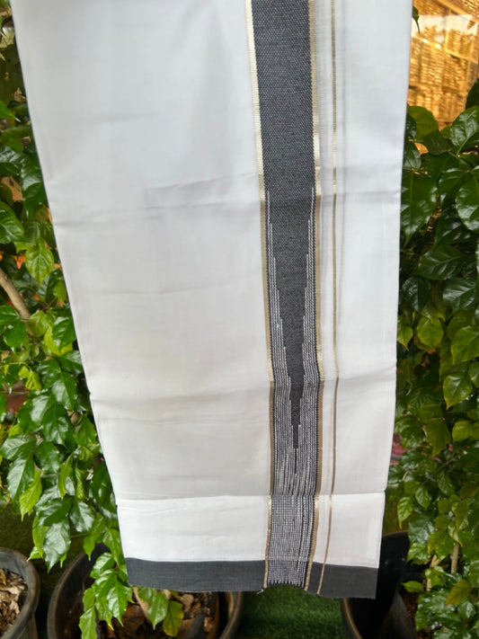 20% Discount ! Kaitharikada Balaramapuram 100% Cotton PURE WHITE Double Mundu/Dothi - 100x80 - 1.75 inch Puliyilakkara Silver Kasav & Black Stripes Chutty Kara 4 mtr (8.5 muzham) - 106KK5220 THI