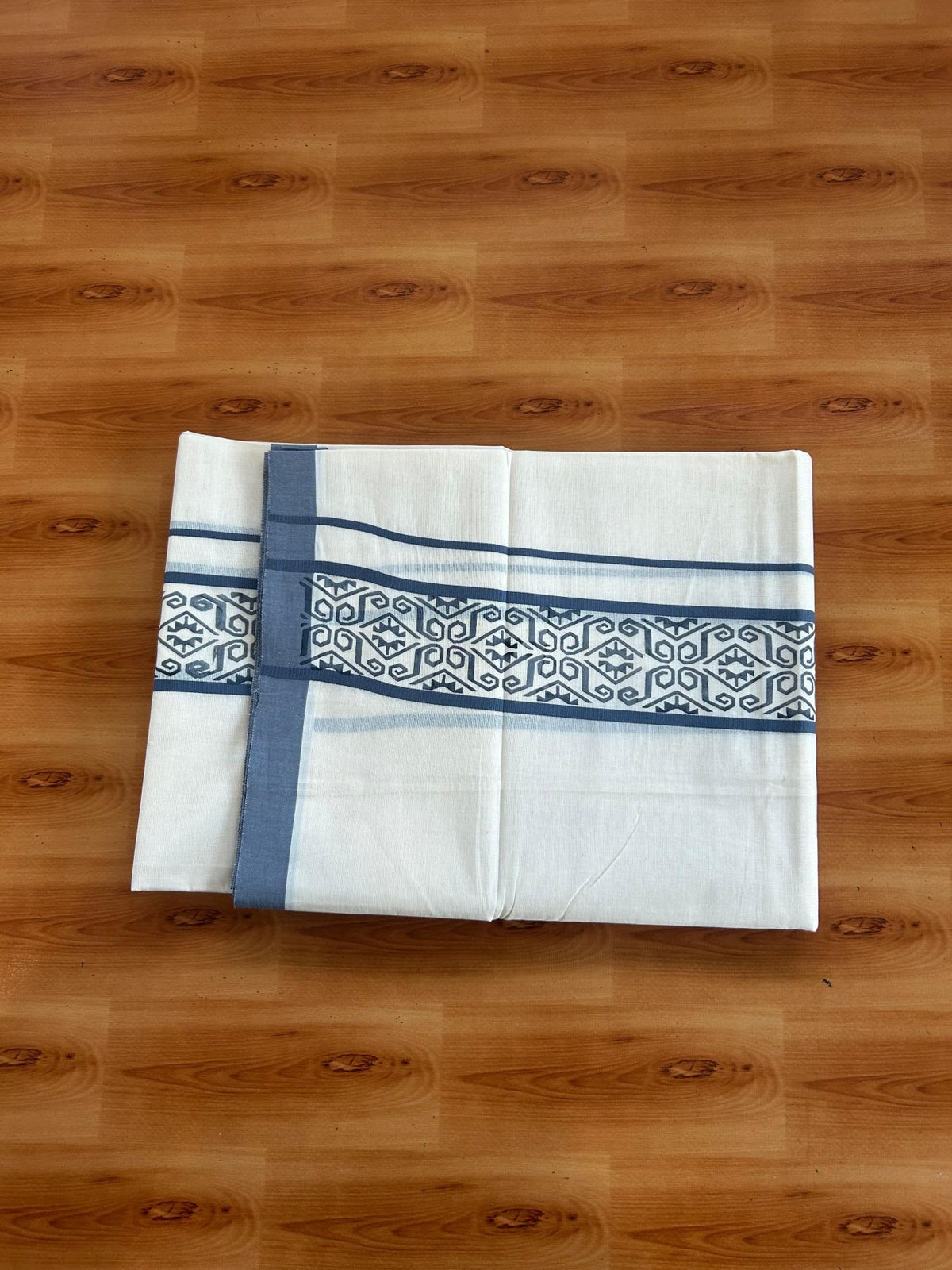 Double Off White (Unbleached) Mundu/Dhoti - 20% Discount! KaithariKada Pulimood 100% Cotton 80x72 - 2.5 inch Ash Blue Printed Design Kara - 4 mtr (8.5 muzham) - 43 KK5553 STH