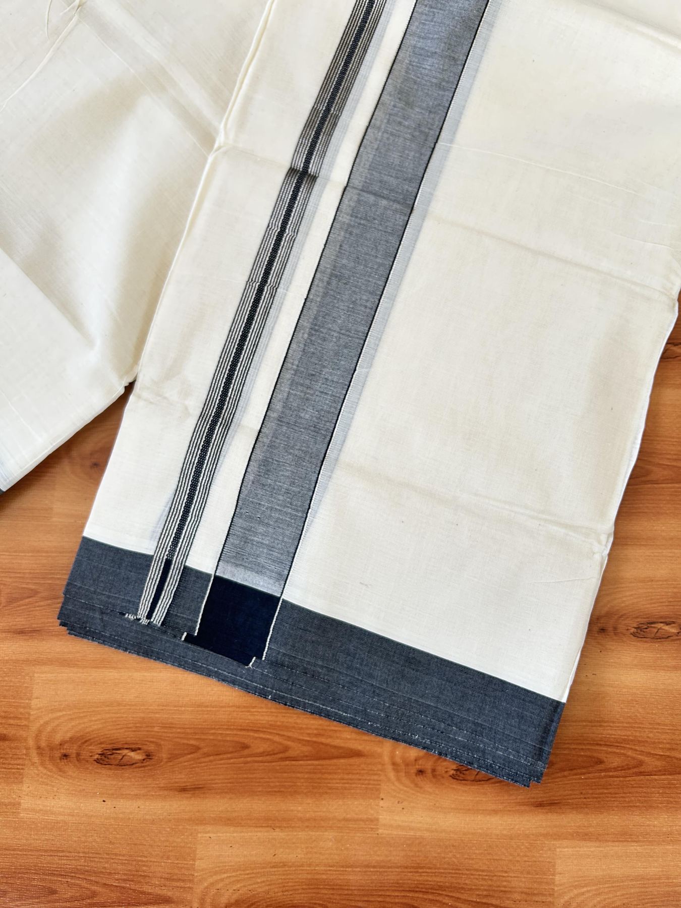 Double Off white - (Unbleached) - Mundu/Dhoti- 20% Discount! KaithariKada 100% Cotton - 100x80 - 1.25 inch Silver Kasav & Black Shades Stripes Kara 4 mtr (8.5 muzham) - 11 KK5440 VIN