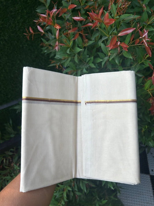 27% DISCOUNT! KaithariKada BALARAMAPURAM HANDLOOM UNAKKUPAAV - 100% PURE Cotton Off white (Unbleached) Double Mundu/Dhoti - 0.25 inch Gold Kasavu & Muthukkuri Brown Kara (8 Muzham) - 8KK5161SOM