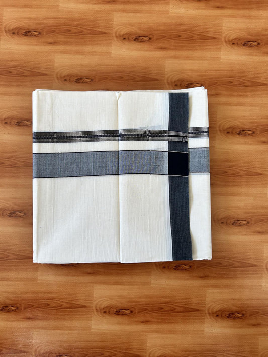 Double Off white - (Unbleached) - Mundu/Dhoti- 20% Discount! KaithariKada 100% Cotton - 100x80 - 1.25 inch Silver Kasav & Black Shades Stripes Kara 4 mtr (8.5 muzham) - 11 KK5440 VIN
