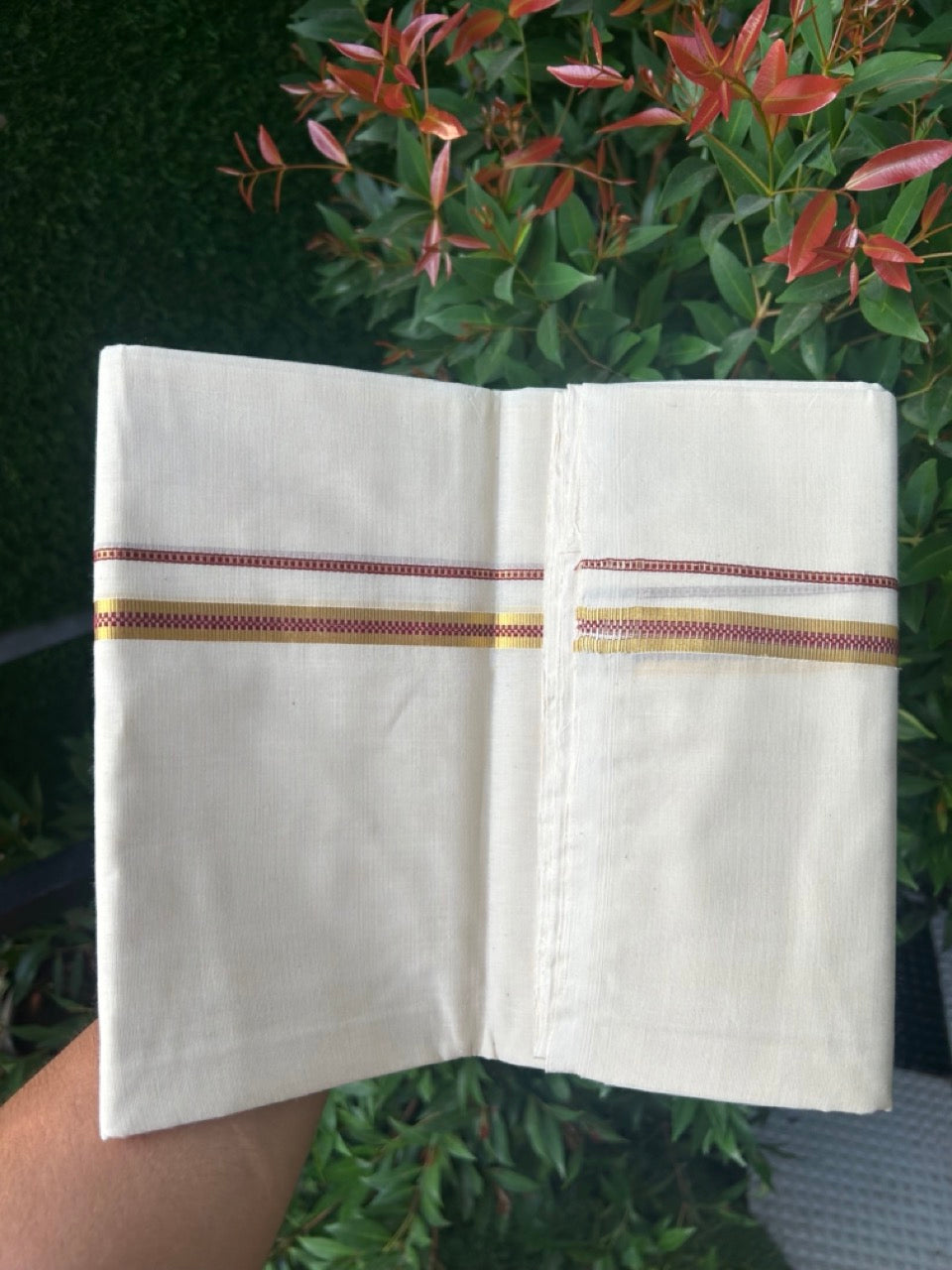 27% DISCOUNT! KaithariKada BALARAMAPURAM HANDLOOM UNAKKUPAAV - 100% PURE Cotton Off white (Unbleached) Double Mundu/Dhoti - 0.5 inch Gold Kasavu & Muthukkuri Maroon Kara (8 Muzham) - 9KK5161SOM