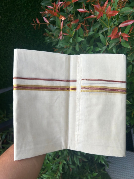 27% DISCOUNT! KaithariKada BALARAMAPURAM HANDLOOM UNAKKUPAAV - 100% PURE Cotton Off white (Unbleached) Double Mundu/Dhoti - 0.5 inch Gold Kasavu & Muthukkuri Maroon Kara (8 Muzham) - 9KK5161SOM