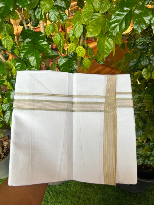20% Discount ! Kaitharikada Balaramapuram 100% Cotton PURE WHITE Double Mundu/Dothi - 100x80 - 0.75 inch Silver Kasav & Mustard Yellow stripes Kara 3.75 mtr  (8 muzham) - 89KK5220 THI