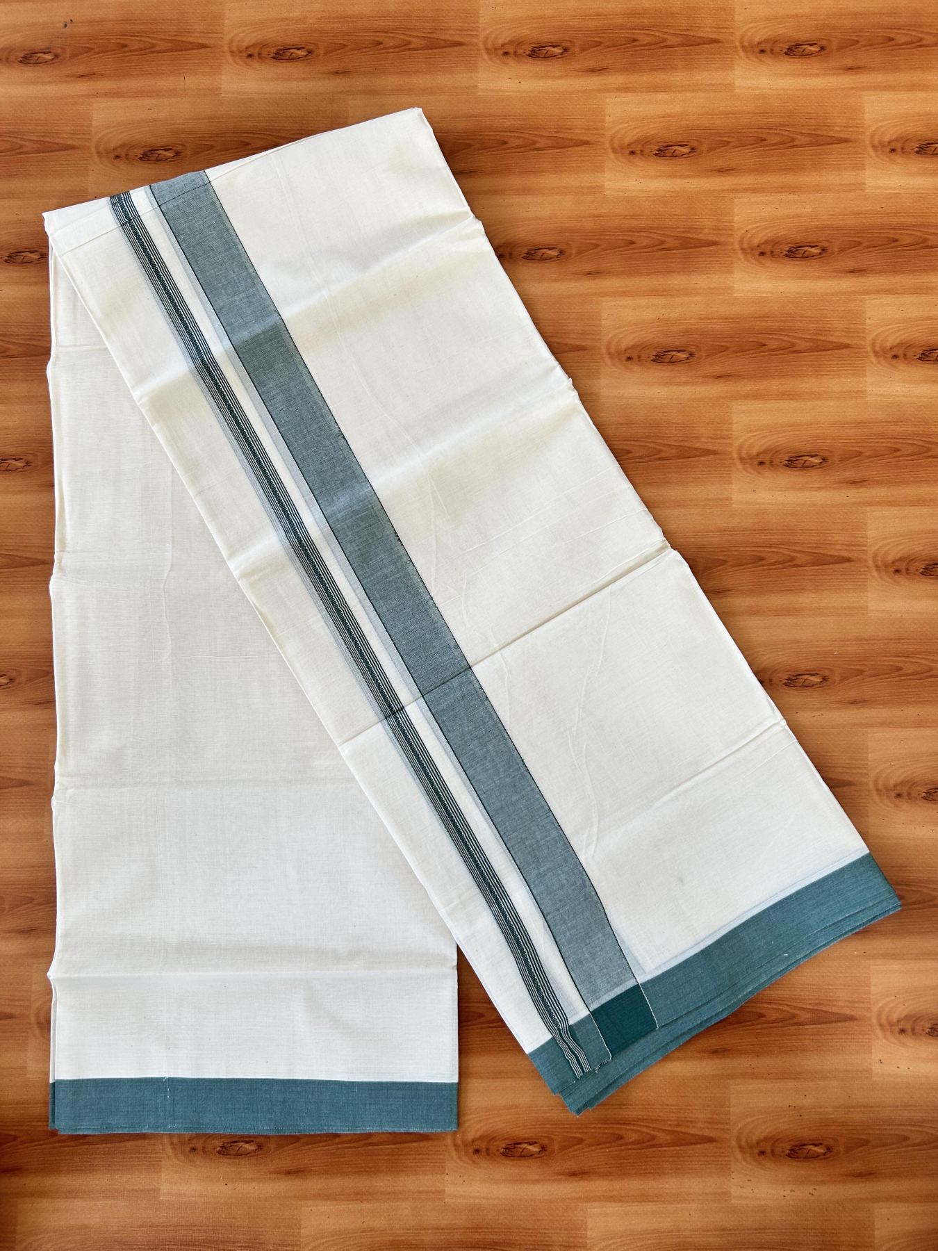 Double Off white - (Unbleached) - Mundu/Dhoti- 20% Discount! KaithariKada 100% Cotton - 100x80 - 1.25 inch Silver Kasav & Green Shades Stripes Kara 4 mtr (8.5 muzham) - 8 KK5440 VIN