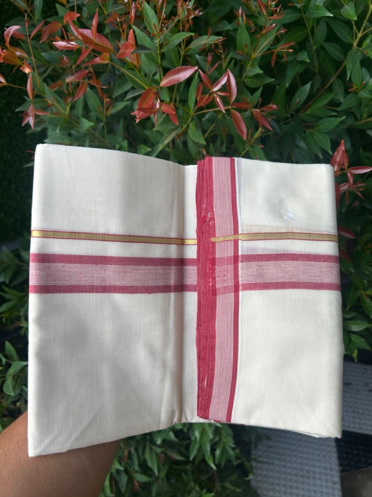27% DISCOUNT! KaithariKada BALARAMAPURAM HANDLOOM UNAKKUPAAV - 100% PURE Cotton Off white (Unbleached) Double Mundu/Dhoti - 1.25 inch Gold Kasavu & Deep Red Striped Kara (8 Muzham) - 11KK5161SOM