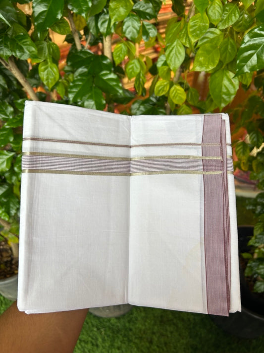 20% Discount ! Kaitharikada Balaramapuram 100% Cotton PURE WHITE Double Mundu/Dothi - 100x80 - 0.75 inch Silver Kasav & Light Wine stripes Kara 3.75 mtr  (8 muzham) - 86KK5220 THI