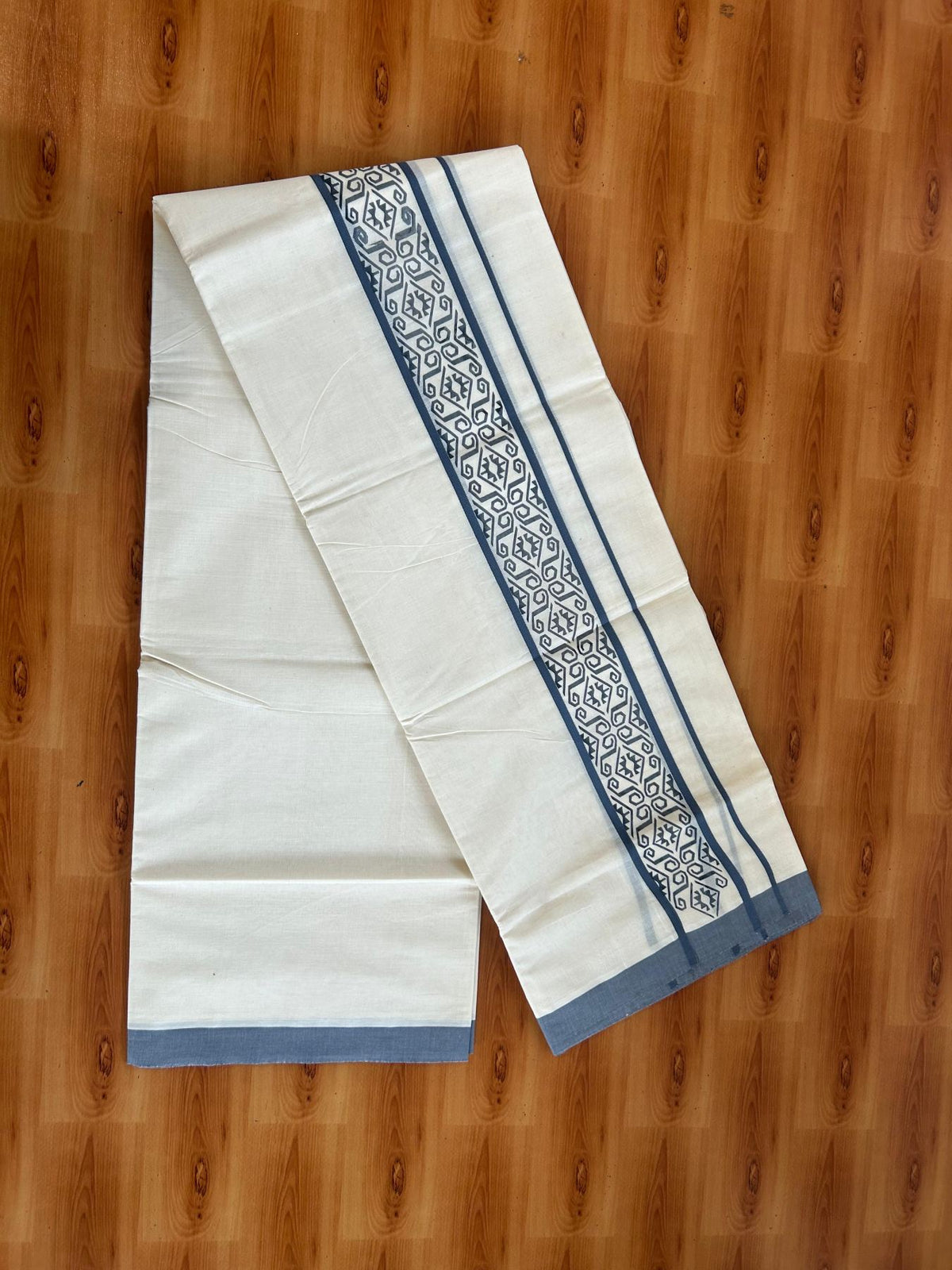 Double Off White (Unbleached) Mundu/Dhoti - 20% Discount! KaithariKada Pulimood 100% Cotton 80x72 - 2.5 inch Ash Blue Printed Design Kara - 4 mtr (8.5 muzham) - 43 KK5553 STH